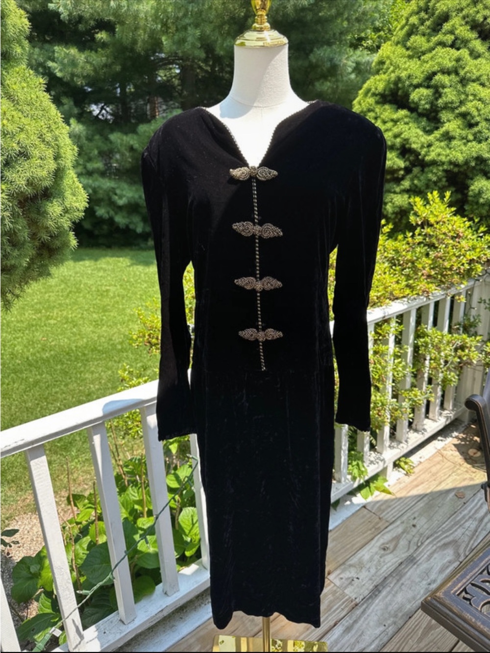 Elegant Black Velvet Dress with Decorative Frog Closures